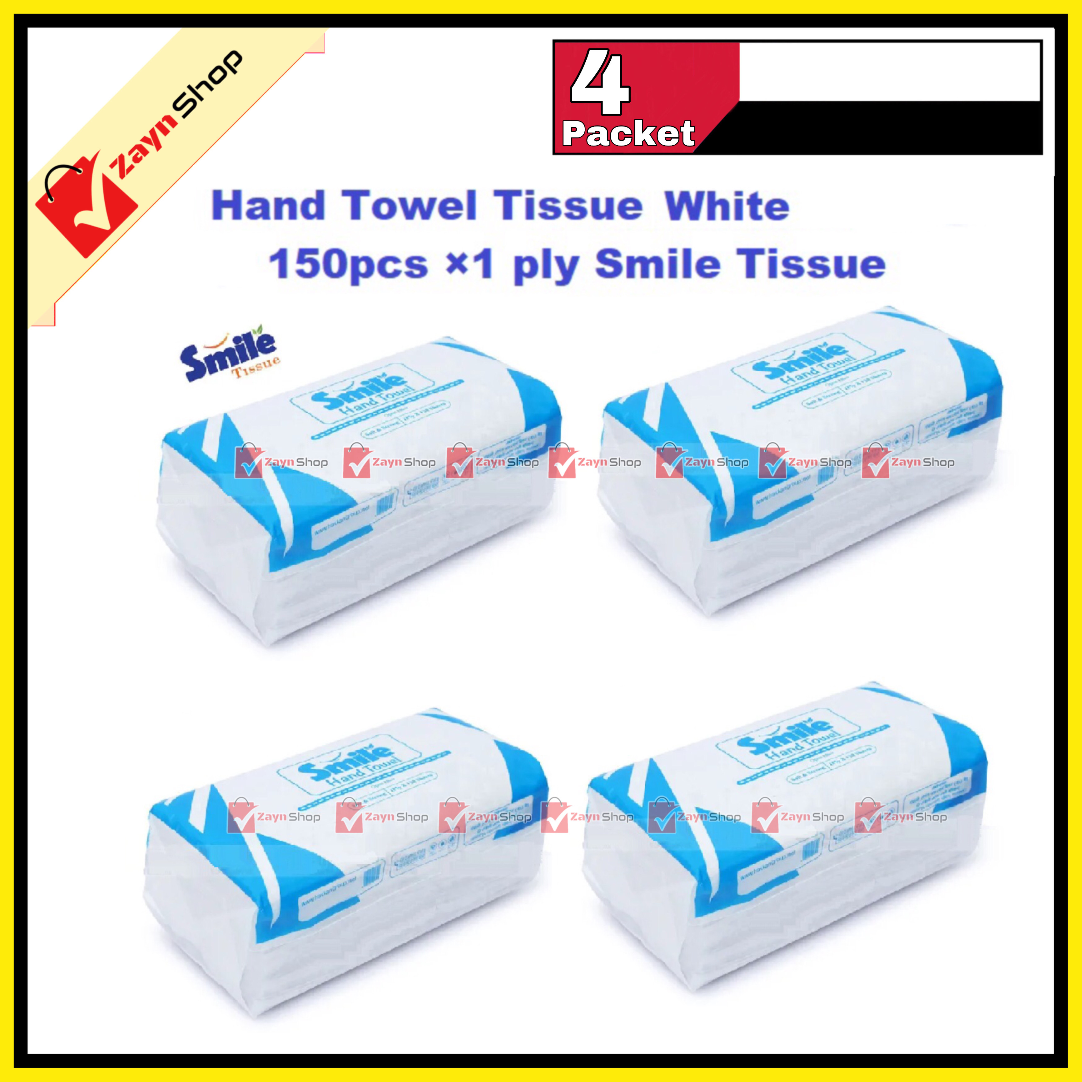 Smile Hand Towel Tissue - White-150pcs ×1 ply Tissue pack of 4 packet