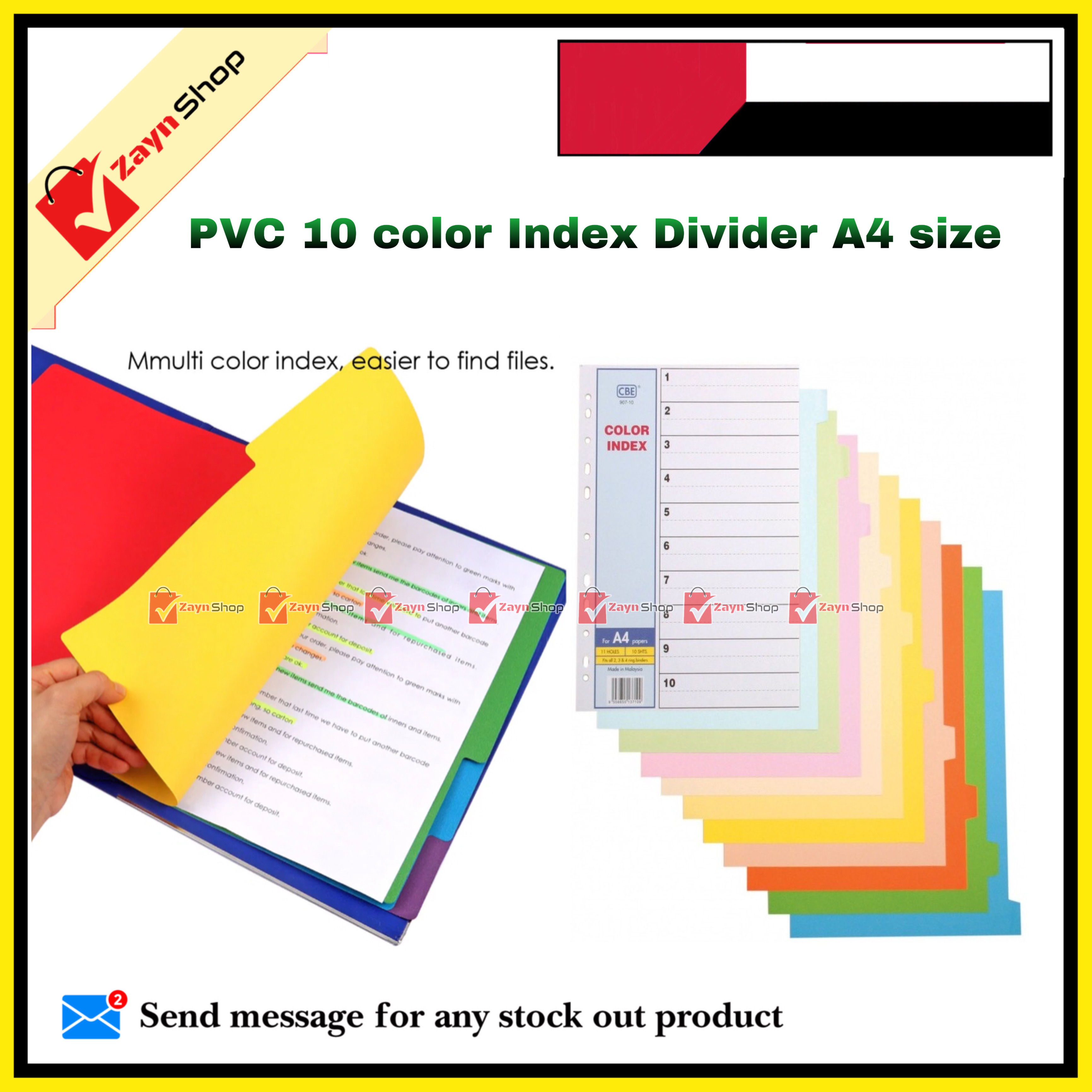 Plastic Index Divider A4 size Sheet pack of 10 colors 1 set