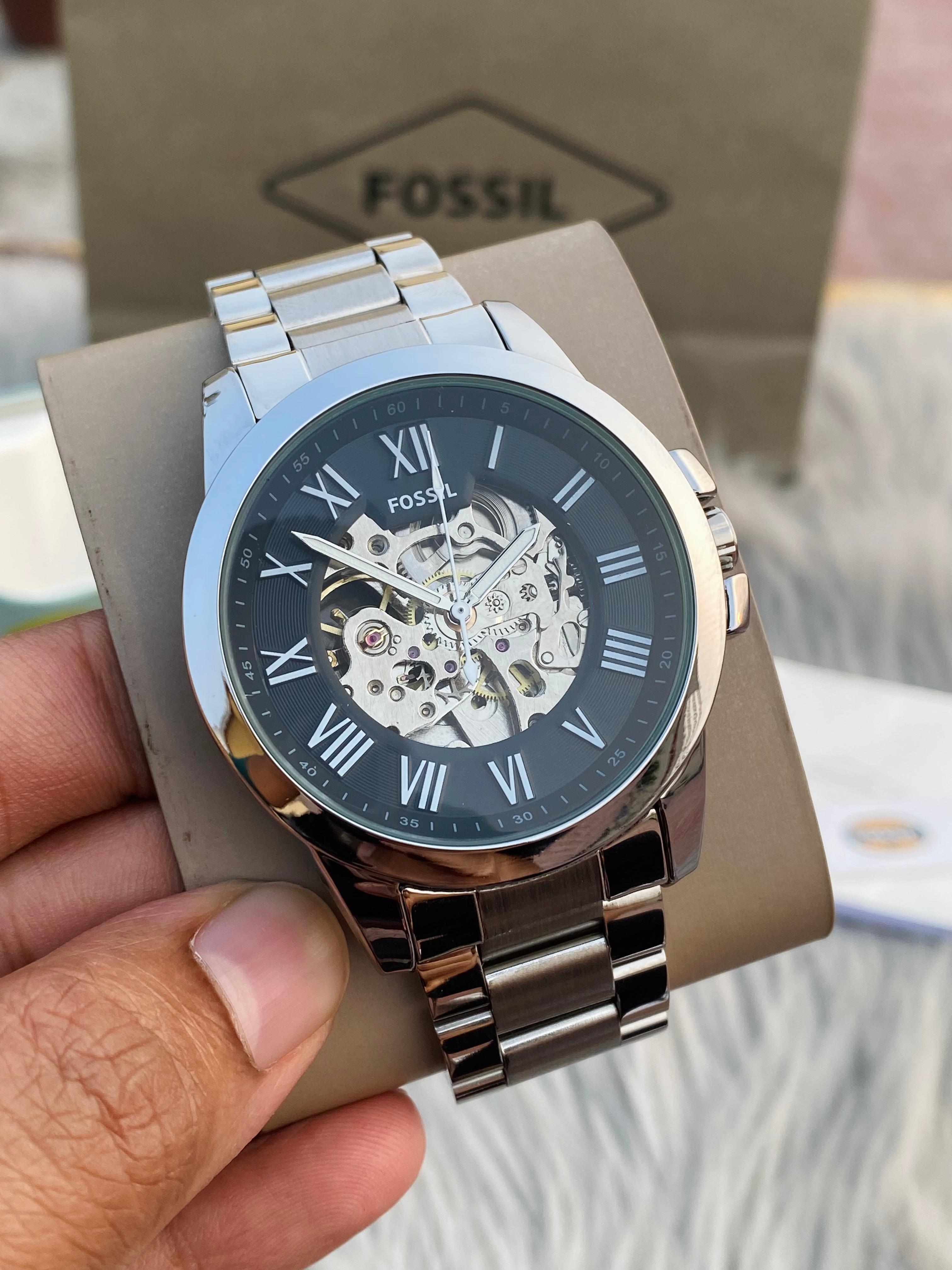 Fossil Grant Automatic – Orologio Meccanico Uomo – Cassa 45mm, Cinturino In Pelle Marrone, Quadrante Beige – ME3099