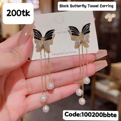 Butterfly Pearl Tassel Earring-Black